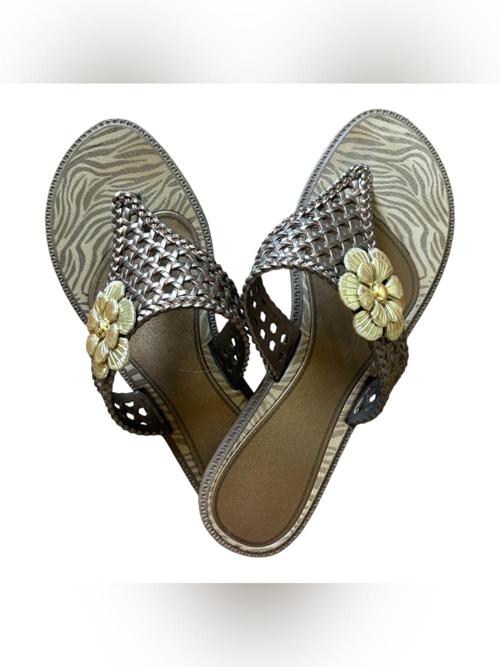 Y2K Woven Metallic Brown Floral Slide Sandals - Women